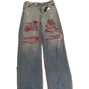 boohooMAN Baggy Distressed Jeans Men’s Size 34 Blue Contrast Ripped Wide Leg Y2K